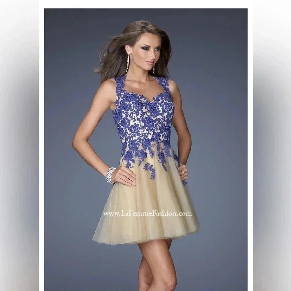 LA FEMME 19753 short lace  embroidery and tulle dress Royal blue size 6